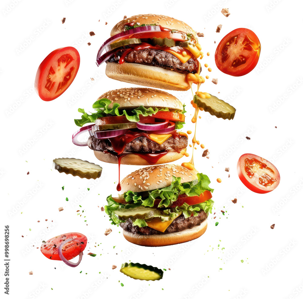 PNG Exploding four burgers food floating cheeseburger. PNG Exploding four burgers food floating cheeseburger.