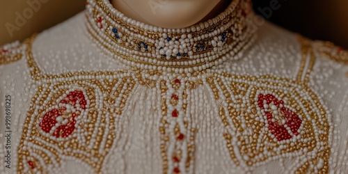 Intricate embroidered russian clothing with bead details for cultural appreciation