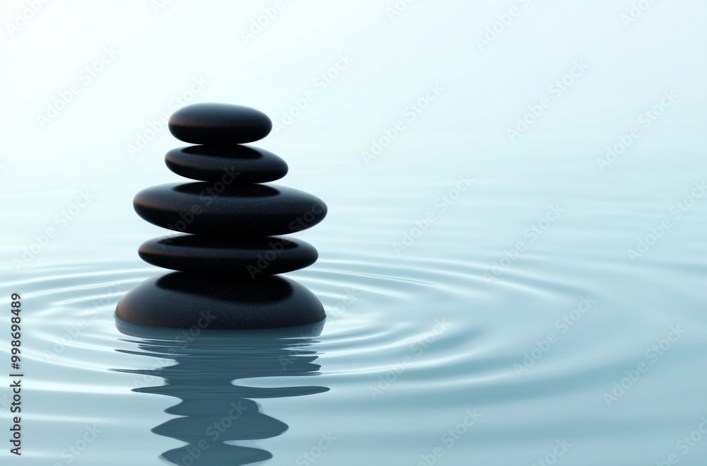 Obraz premium Balanced stack of black pebbles creating the illusion of circles in calm water, set against a light blue and white background with ripples.