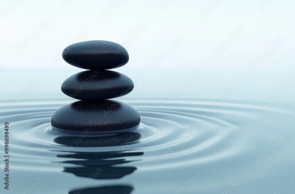 Balanced stack of black pebbles creating the illusion of circles in calm water, set against a light blue and white background with ripples. Balanced stack of black pebbles creating the illusion of circles in calm water, set against a light blue and white background with ripples.
