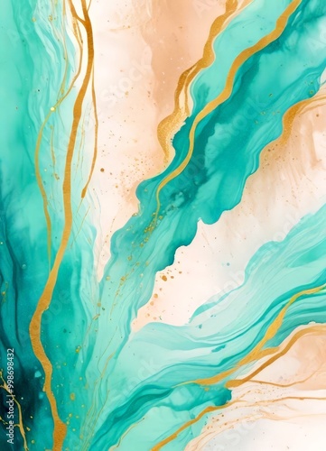 a vibrant abstract painting with turquoise and gold hues, creating a dynamic and fluid composition photo