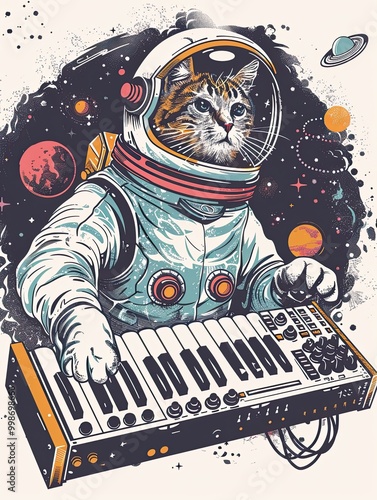 Cat Astronaut Playing Synthesizer in Outer Space with Galactic Background photo