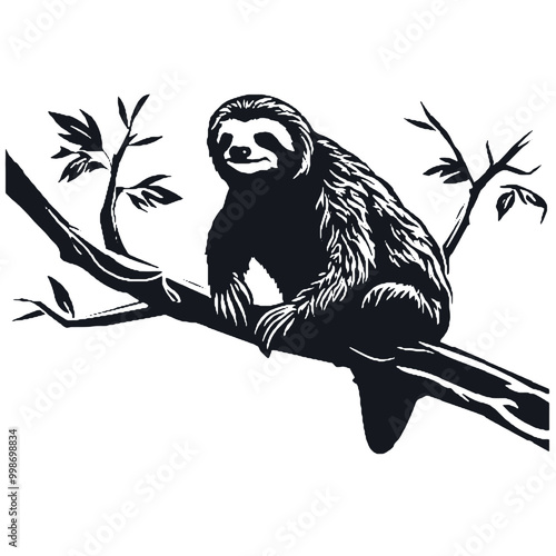 sloth hanging on branch silhouette vector illustration