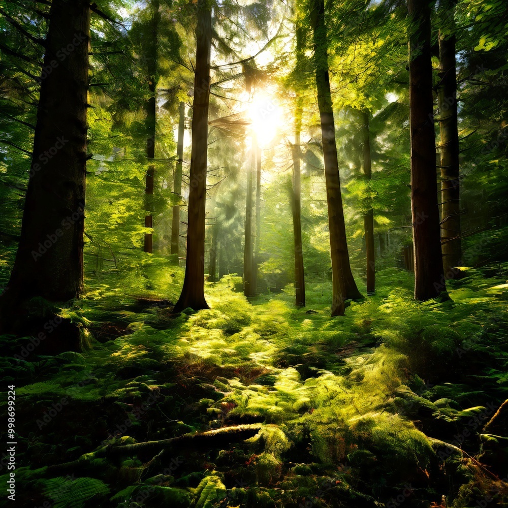 Fototapeta premium A serene forest scene with sunlight filtering through the trees, casting dappled shadows and highlighting the lush green moss covering the forest floor