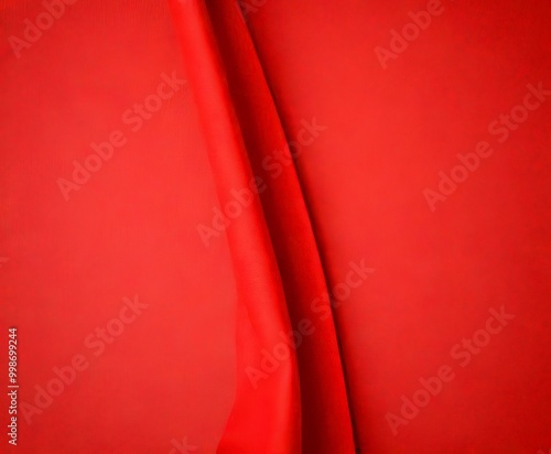 A close-up view red fabric, with a vertical crease running down the center, against a solid red background photo