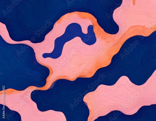 an abstract representation of ocean waves, featuring a blend of blue, pink, and orange hues The waves are depicted in a fluid, wavy manner, creating a sense photo