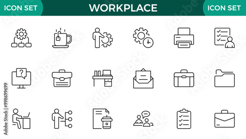 Workplace web icons in line style. Employ, conference, project, document, business, work, support, contact us, productivity strategy, collection.