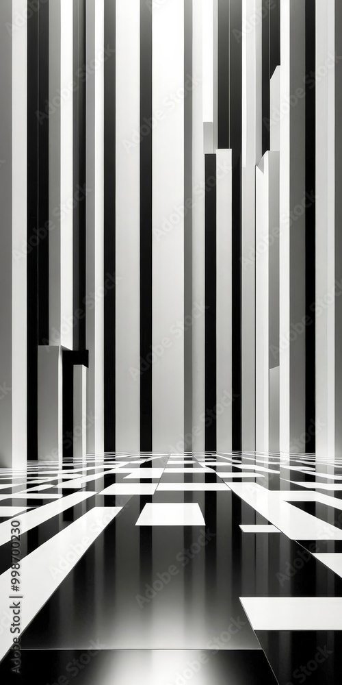 a striking black and white composition, featuring a geometric pattern of vertical and horizontal lines that converge towards a central point The floor a striking black and white composition, featuring a geometric pattern of vertical and horizontal lines that converge towards a central point The floor