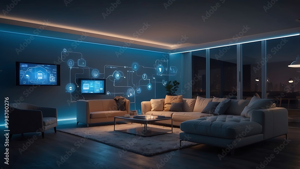 Naklejka premium Modern Smart living room interior with innovative technology maintaining connections.