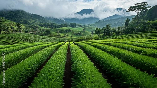 Wallpaper Mural beautiful views of tea plantations with mountain background footage Torontodigital.ca