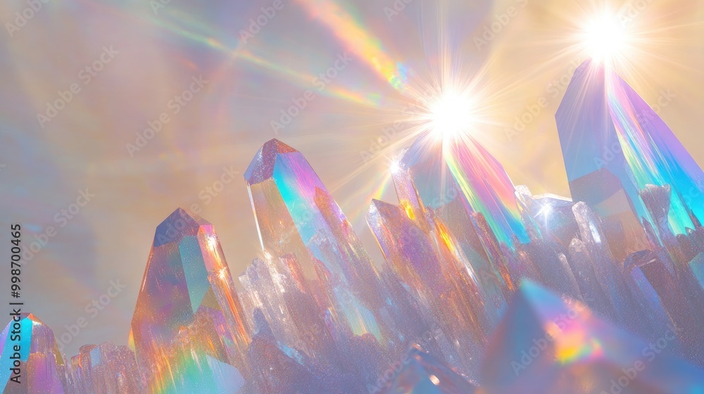 A close-up of iridescent quartz crystals with a sunburst in the background. A close-up of iridescent quartz crystals with a sunburst in the background.
