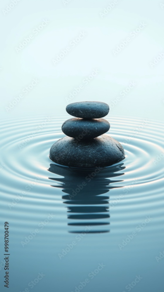 Balanced stack of black pebbles creating the illusion of circles in calm water, set against a light blue and white background with ripples. Balanced stack of black pebbles creating the illusion of circles in calm water, set against a light blue and white background with ripples.