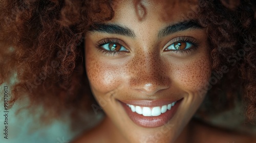 Smiling Young Woman with Curly Hair and Freckles