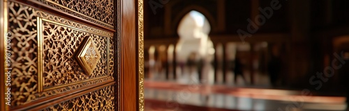 Intricate wood carving on traditional mashrabiya screen for cultural art display photo