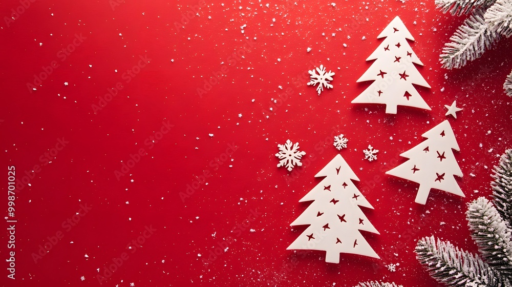 White Christmas tree icons on a red background with scattered snowflakes White Christmas tree icons on a red background with scattered snowflakes