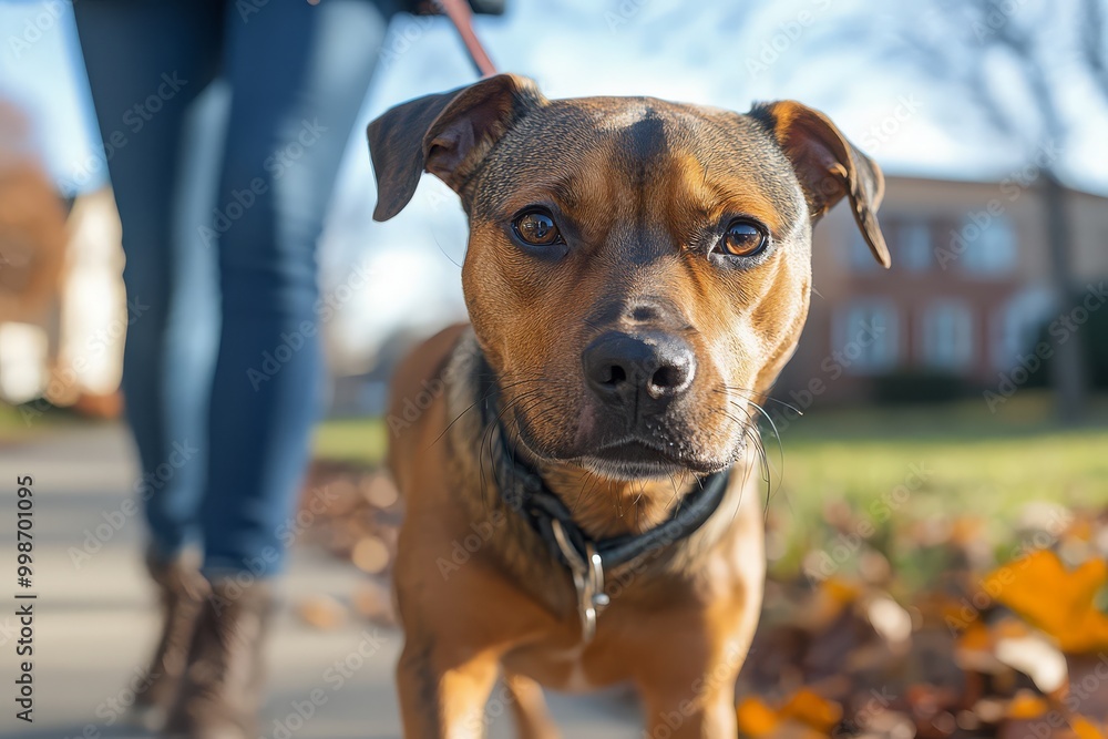 Dog on Leash Walking in Autumn Neighborhood Dog on Leash Walking in Autumn Neighborhood