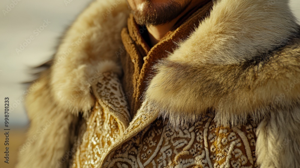 Kazakh eagle hunter in ornate fur coat - traditional winter attire Kazakh eagle hunter in ornate fur coat - traditional winter attire