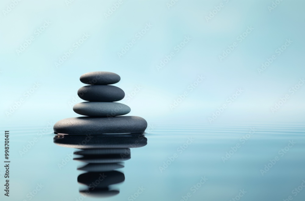 Balanced stack of black pebbles creating the illusion of circles in calm water, set against a light blue and white background with ripples. Balanced stack of black pebbles creating the illusion of circles in calm water, set against a light blue and white background with ripples.