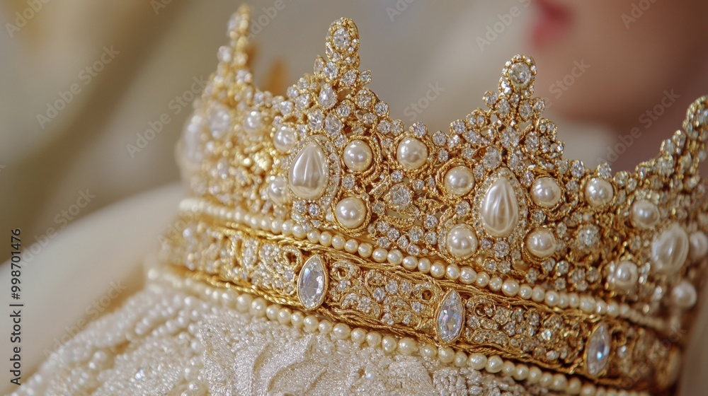 Luxurious gold and silver embellished crown with pearls for royal occasions Luxurious gold and silver embellished crown with pearls for royal occasions