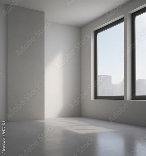 An empty room with a large window, a concrete wall, and a concrete floor