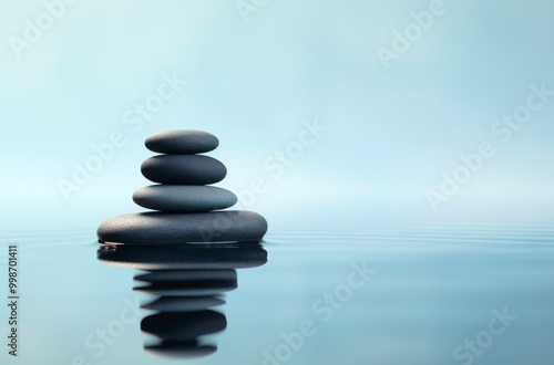  Balanced stack of black pebbles creating the illusion of circles in calm water, set against a light blue and white background with ripples.