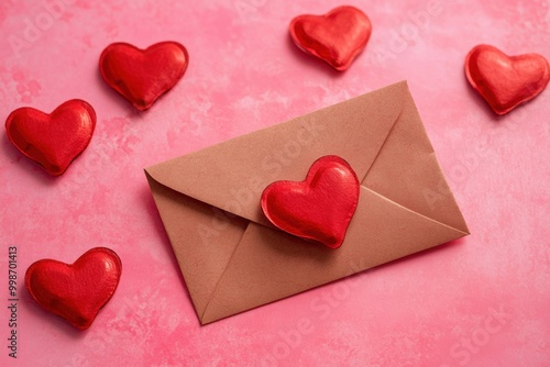 Love letter envelope with red hearts on pink background