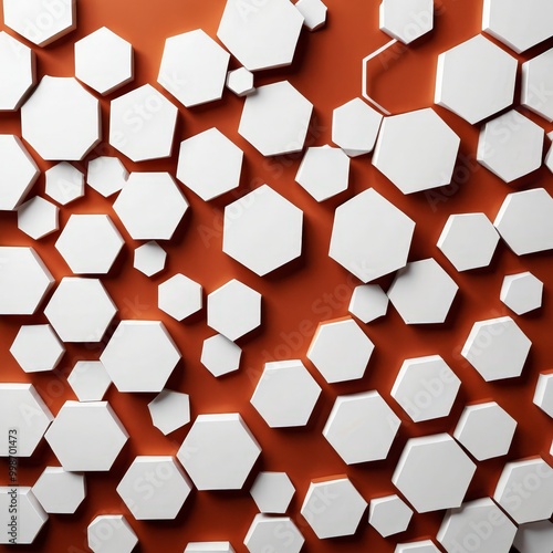 a pattern of white hexagonal shapes arranged in a random, overlapping manner against a red background photo