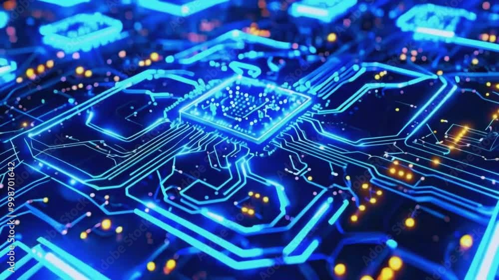 A close-up of data pulses along various lines circuit board, data transfer. Small glowing bits of information stream circuits, connectivity the speed of AI processing, 4k Technology Animation Video A close-up of data pulses along various lines circuit board, data transfer. Small glowing bits of information stream circuits, connectivity the speed of AI processing, 4k Technology Animation Video