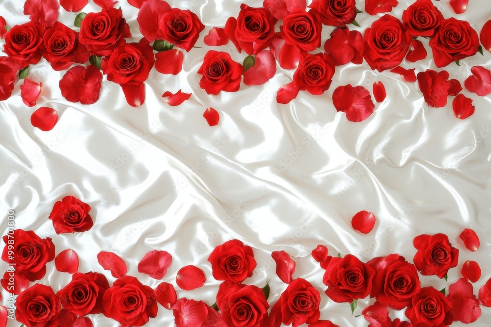 Romantic red roses petals on white silk fabric Romantic red roses petals on white silk fabric