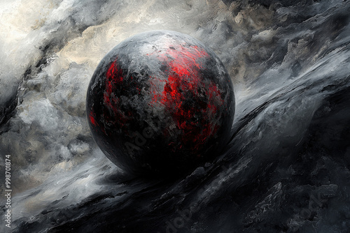 A modern abstract design featuring floating sphere amidst swirling clouds, showcasing dramatic interplay of dark and red hues. artwork evokes sense of mystery and depth