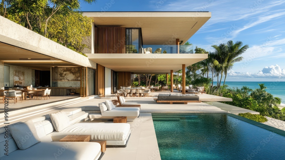 Fototapeta premium A modern beachfront villa, with an expansive patio lounge offering sweeping ocean views, blending contemporary design and seaside luxury
