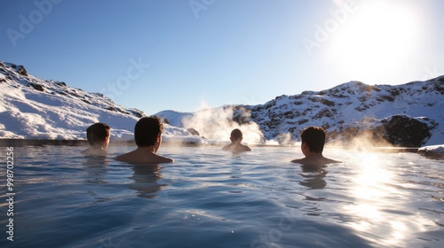 Relaxation in icelandic geothermal hot springs amid snowy mountains photo