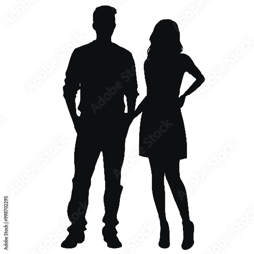 Smiley woman and man posing together vector silhouette illustration 