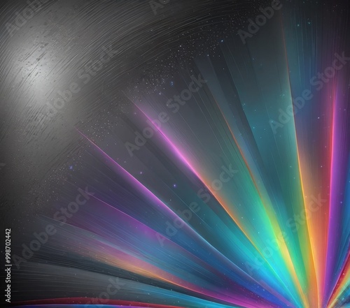 a vibrant abstract design with a gradient of colors, including shades of blue, purple, green, and orange, arranged in a fan-like pattern The background is dark, providing a photo