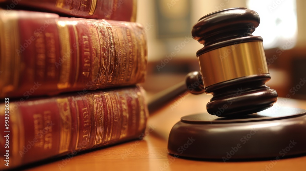 Closeup of a judge's gavel and law volumes in a courtroom setting, representing legal proceedings and the pursuit of justice. Closeup of a judge's gavel and law volumes in a courtroom setting, representing legal proceedings and the pursuit of justice.