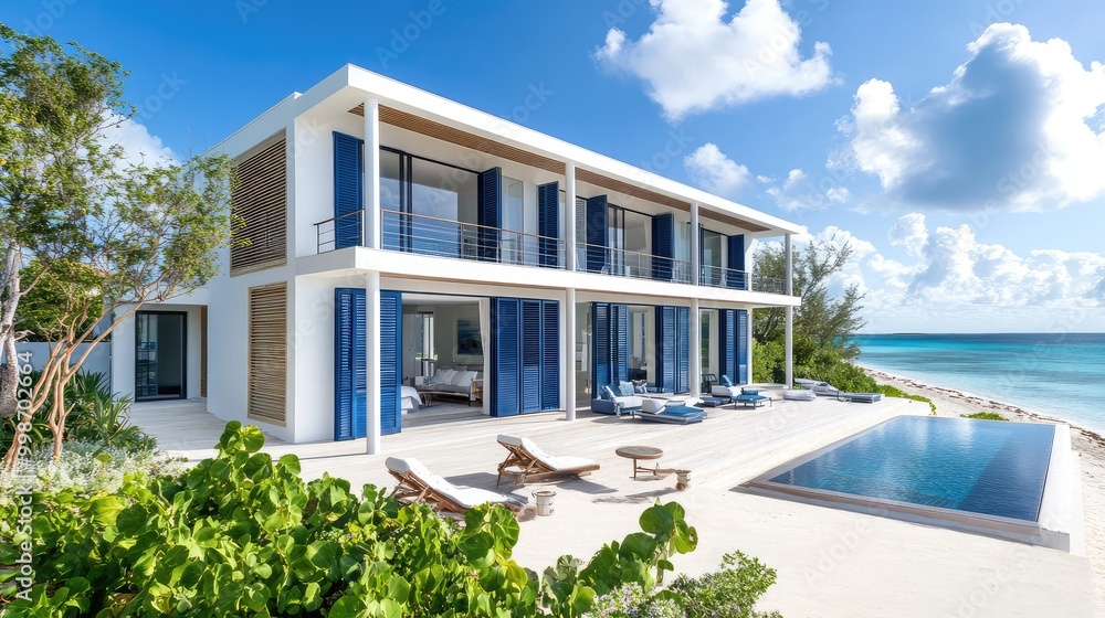 A modern coastal villa, with sleek white walls and bold blue shutters, overlooking a sandy beach and tranquil ocean waves, offering a peaceful retreat A modern coastal villa, with sleek white walls and bold blue shutters, overlooking a sandy beach and tranquil ocean waves, offering a peaceful retreat
