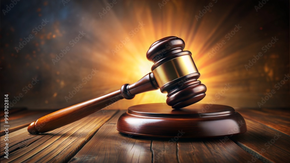 Wooden judge gavel on a block with radiant light backdrop, legal and justice concept Wooden judge gavel on a block with radiant light backdrop, legal and justice concept
