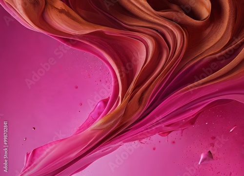 a vibrant abstract composition of flowing, swirling pink and orange hues, with splashes of water droplets and small, scattered white specks adding texture and depth to the photo