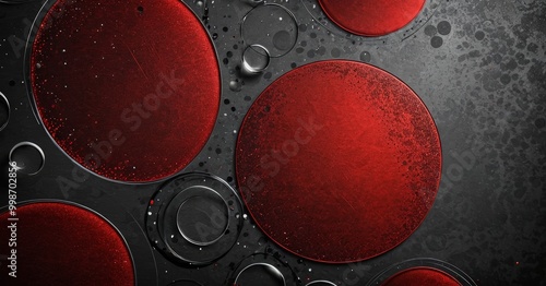 a close-up view dark red circular object with a textured surface, surrounded by smaller circular objects in shades of black and silver, creating a visually striking photo