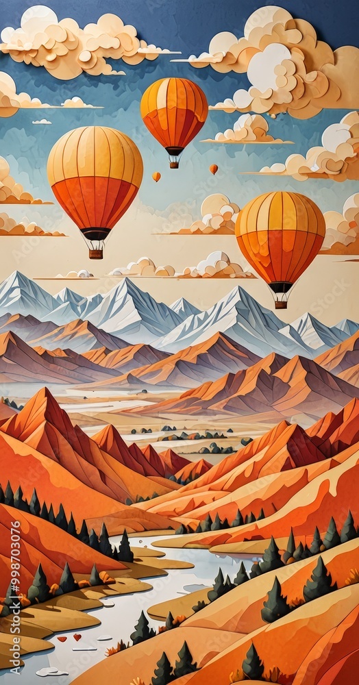 Three hot air balloons float over a mountainous landscape, with a winding river and a cloudy sky in the background Three hot air balloons float over a mountainous landscape, with a winding river and a cloudy sky in the background