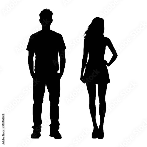 Smiley woman and man posing together vector silhouette illustration 