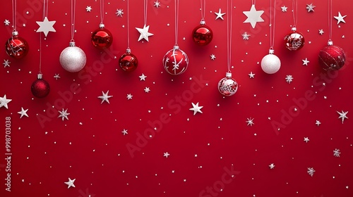 Red Christmas backdrop featuring white icons of holiday ornaments and stars