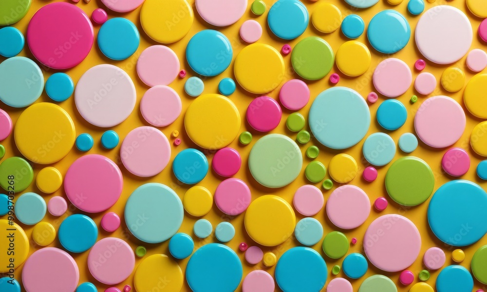 A vibrant array of multicolored circles, ranging from pastel pink to bright blue, is scattered across a yellow background, creating a playful and visually appealing pattern A vibrant array of multicolored circles, ranging from pastel pink to bright blue, is scattered across a yellow background, creating a playful and visually appealing pattern