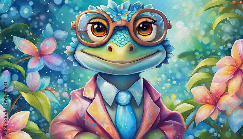 oil painting style cartoon character illustration Funny lizard wearing a pink suit and glass oil painting style cartoon character illustration Funny lizard wearing a pink suit and glass