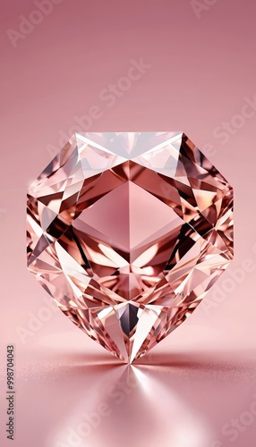 A large, faceted pink diamond with a reflective surface sits on a pink background, casting a shadow on the surface