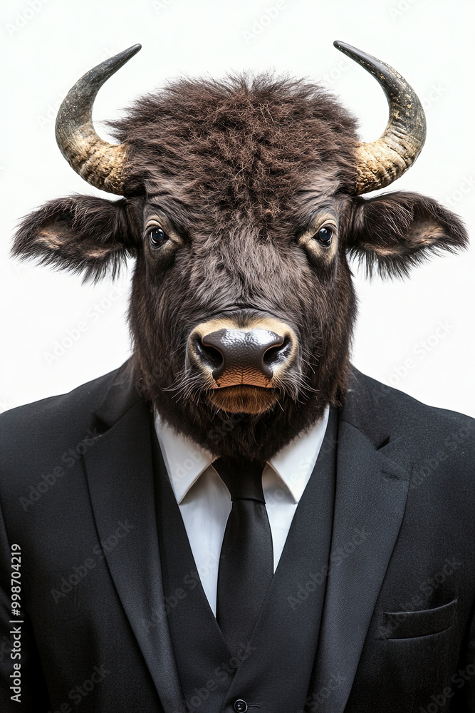 buffalo dressed in formal attire, exuding unique blend of elegance and whimsy. monochrome style highlights striking features of animal, creating memorable visual impact