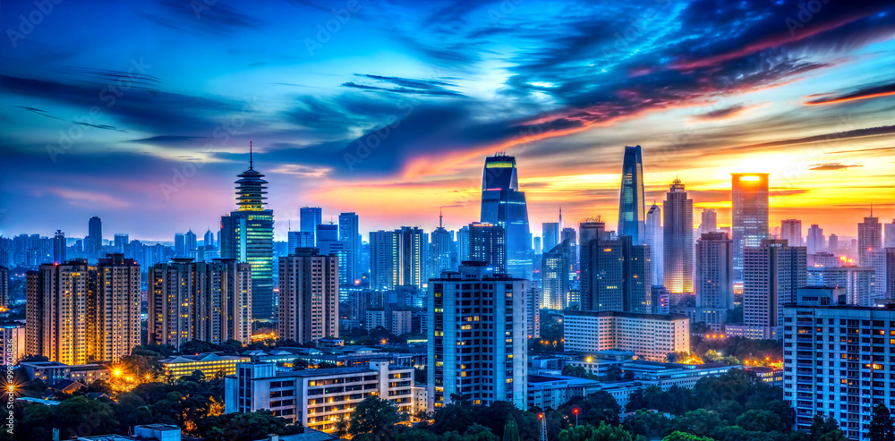 Obraz premium modern city skyline under dramatic evening sky, blue background