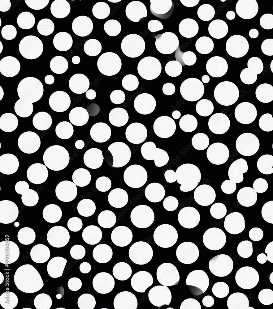 A black and white featuring a pattern of white circles scattered across the frame A black and white featuring a pattern of white circles scattered across the frame