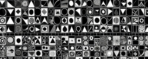 a black and white mosaic composed of various geometric shapes and patterns, including triangles, circles, and rectangles photo