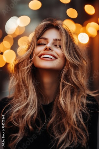 Joyful blonde woman with bright smile bokeh lights background